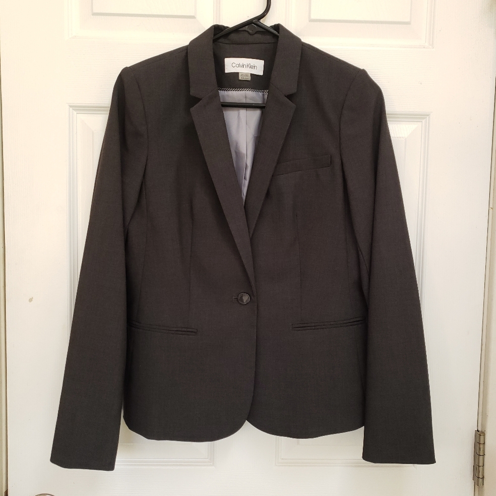 Calvin Klein Gray Notch Collar One-Button Blazer Jacket